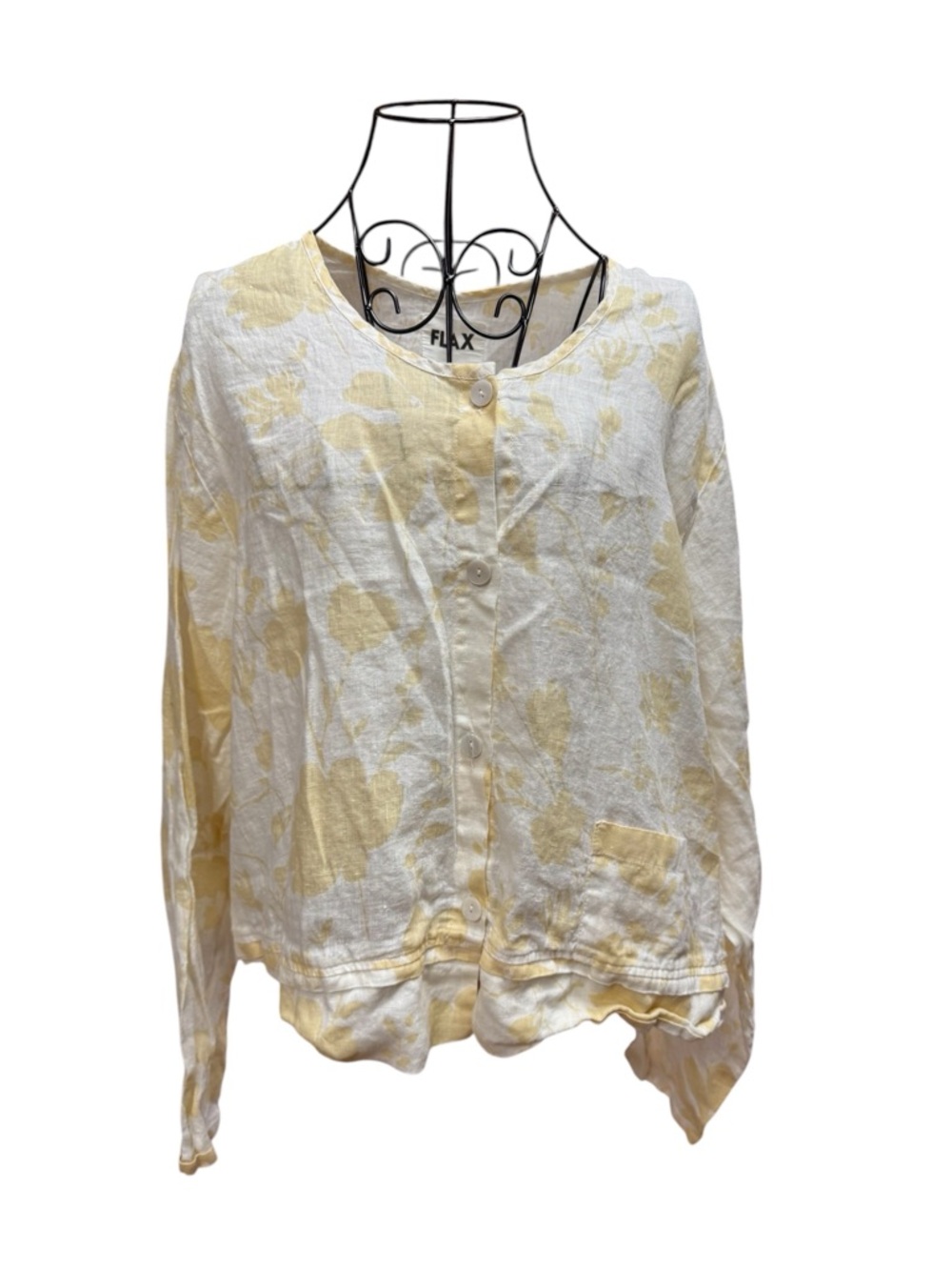 Flax Button-Front Linen Shirt in Pale Yellow and White Floral Large
